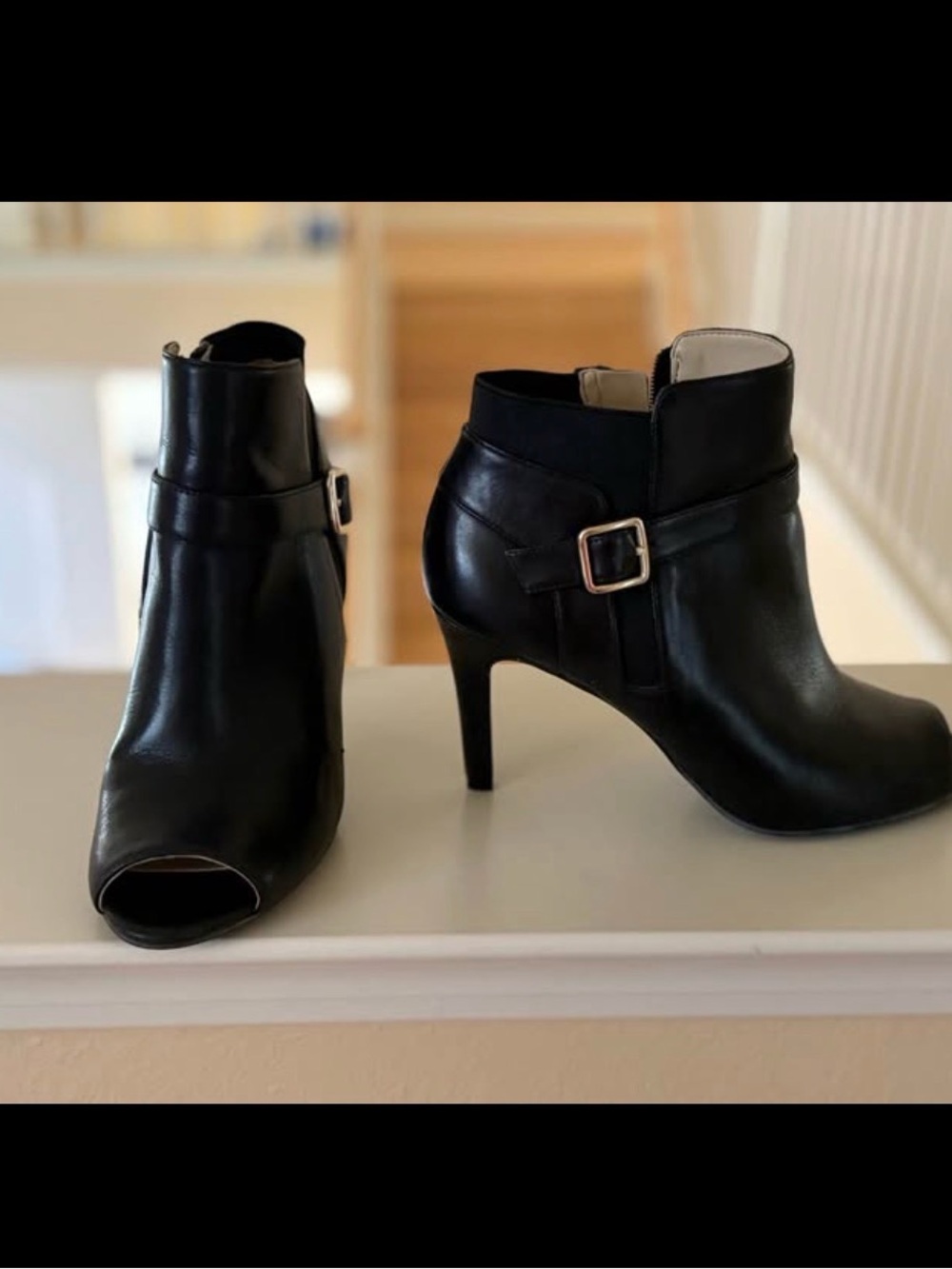 Marc Fisher Black Leather Peep-Toe Ankle Booties with Buckle  -  Size 8